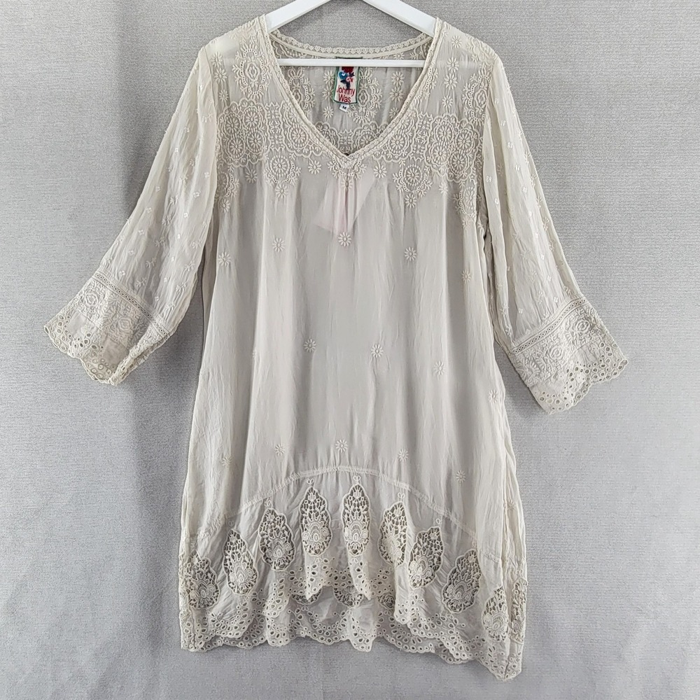 Johnny Was Dress Embroidered Coquette Vegan Silk NEW Size Medium Boho Victorian